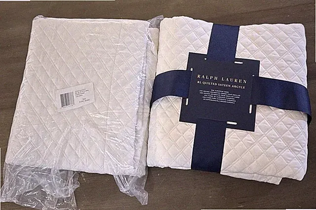2 Ralph Lauren Euro Shams Quilted Sateen Argyle Parchment Organic Cotton 300 TC