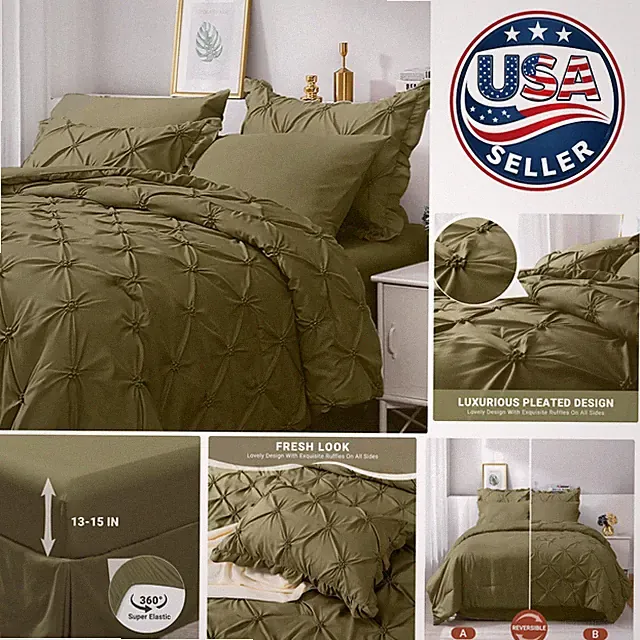 All-Season Olive Green King Size Pintuck Comforter Set - Machine Washable