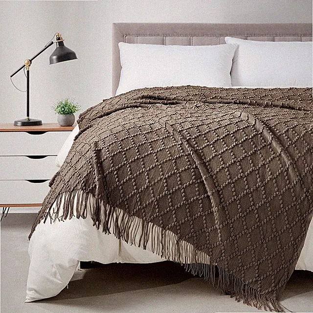 Brown Jacquard Argyle Knit Throw Blanket Soft Textured Couch Bed 50x70 Inch