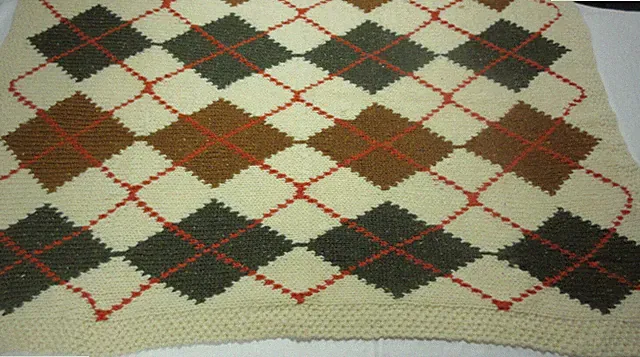 Hand Knit Argyle Blanket (Cream, Green, Rust, Orange) Size: 4x5 ft (Wool)