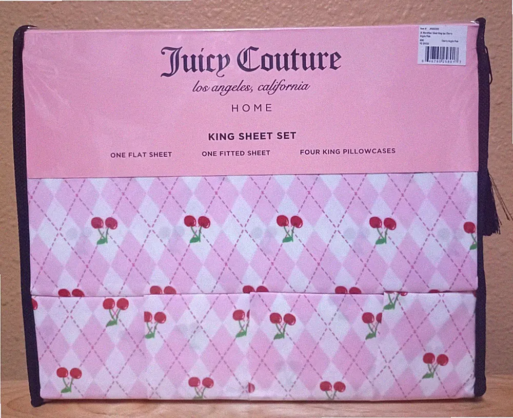 Juicy Couture CHERRIES Cherry Argyle Pink 6 pc King Sheet Set w/ 4 pillowcases