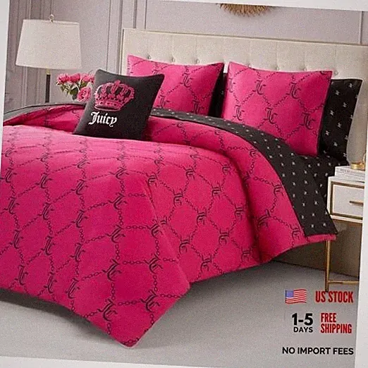 Juicy Couture Link Logo Printed Comforter Set – Complete 8 King Hot Pink/Black