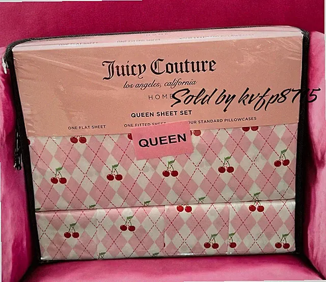 Juicy Couture Queen Sheet Set 6 PC Pink Argyle & Cherry Pattern Valentine’s Day