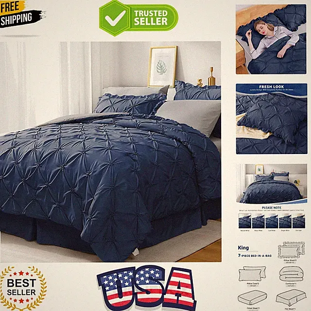 King Size Comforter Set 7 Pieces, Navy Blue Bed in a Bag Comforter Set for Be...