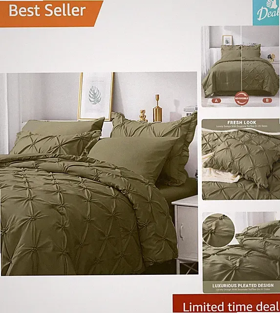 Machine Washable Olive Green Queen Comforter Set - Elegant 7-Piece Collection