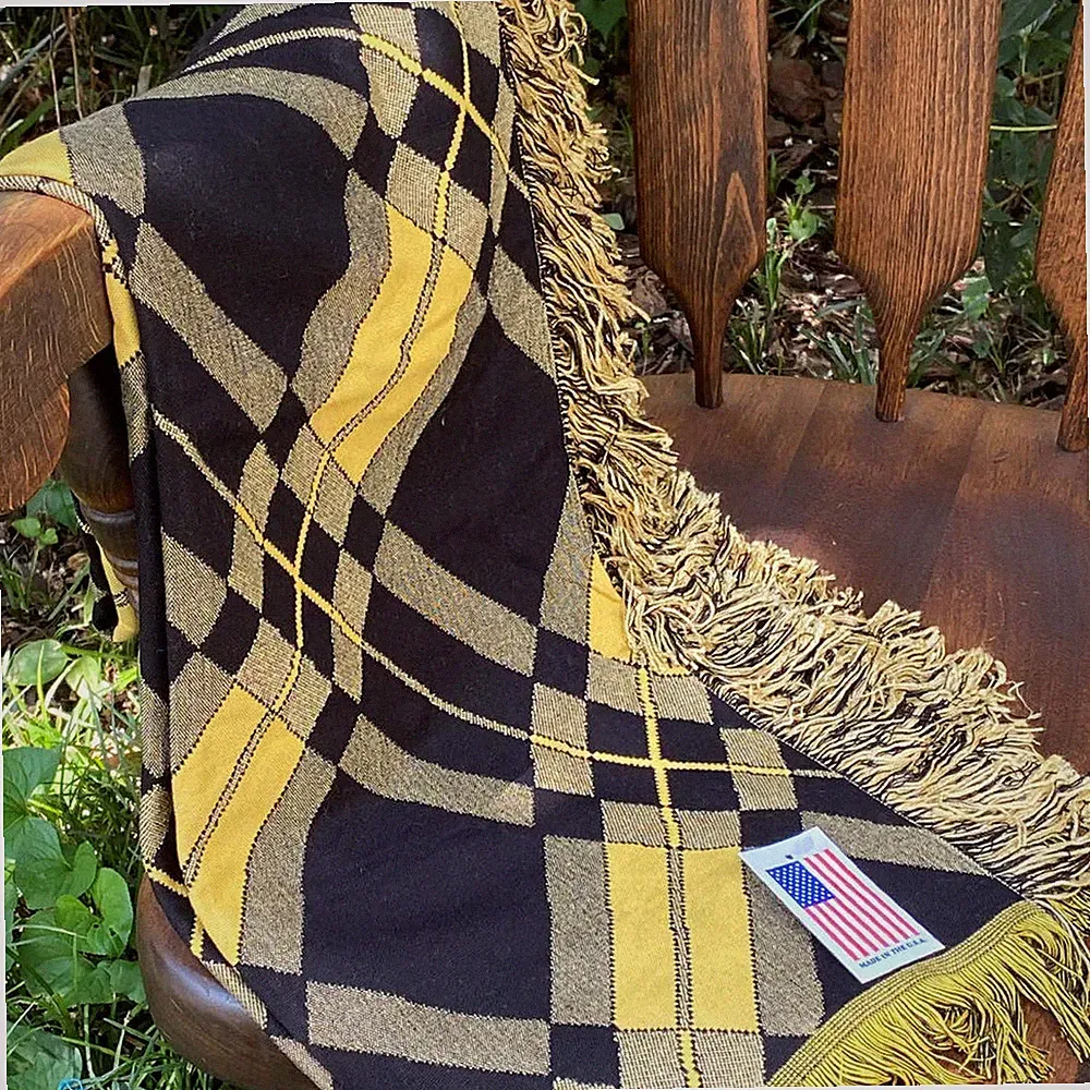 Mid Century Argyle Plaid Throw Blanket Black Gold 50x60" NEW Made in USA 8820