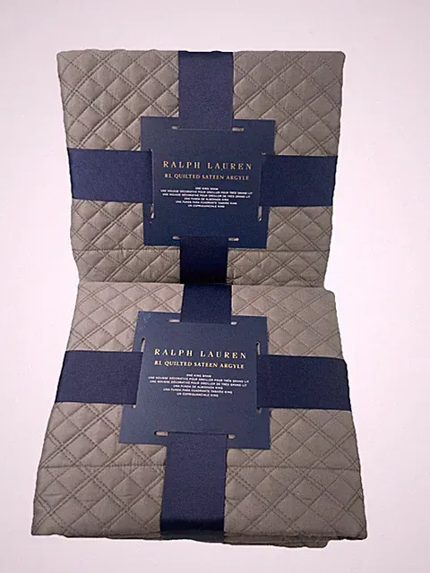 NEW 2PC Set Ralph Lauren King Shams Quilted Sateen Argyle Graphite Gray Cotton