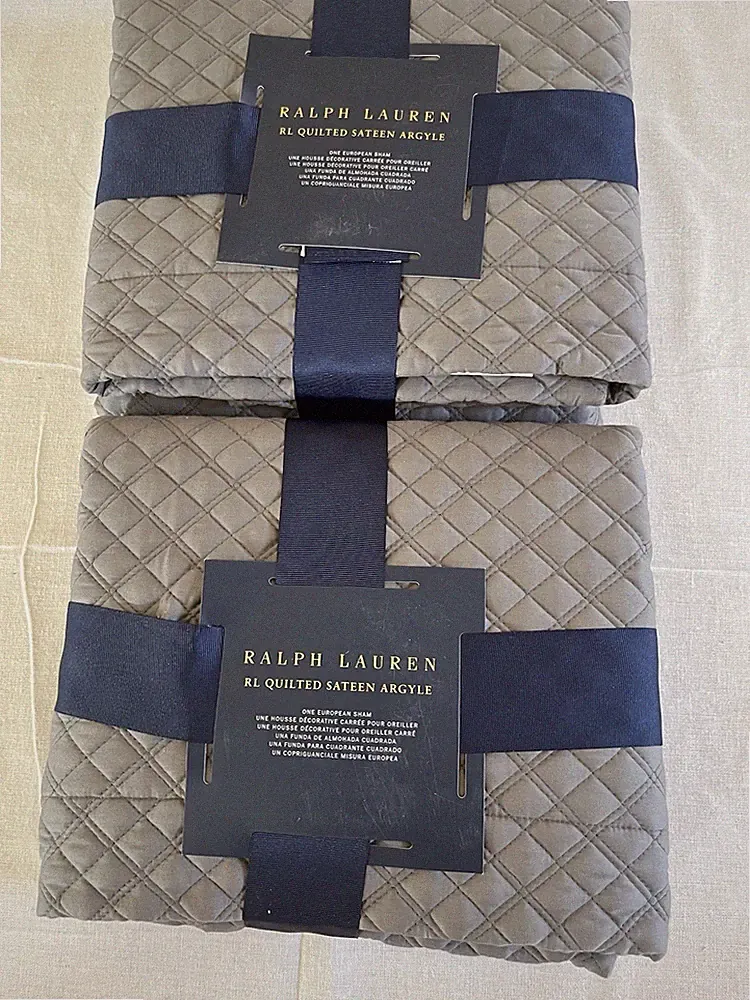 PAIR of Ralph Lauren EURO Quilted satin Argyle Shams ! Graphite RETAIL $185Ea.