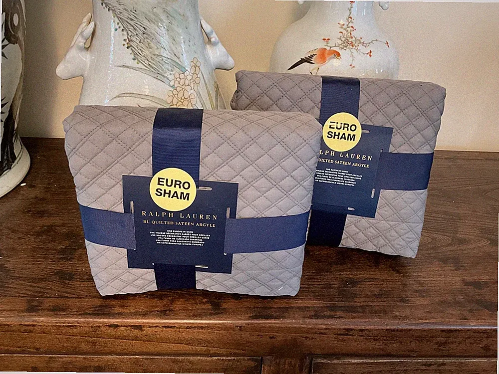 Ralph Lauren Pair! EURO Quilted satin Argyle Shams ! Graphite RETAIL $185Ea.