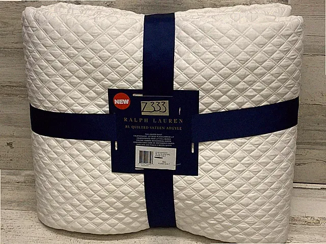 Ralph Lauren Quilted Sateen Argyle Full/Queen Coverlet Parchment New with Defect