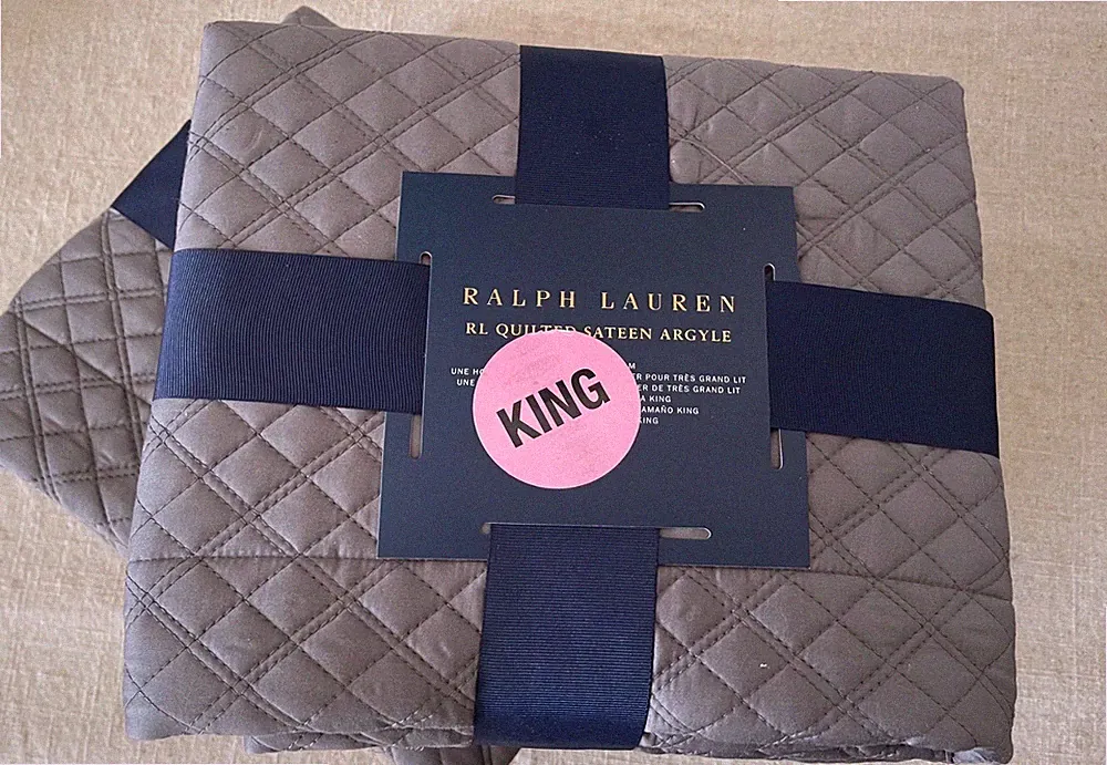 Ralph Lauren QUILTED SATEEN ARGYLE TWO King Pillow Shams Graphite Cotton 300 TC