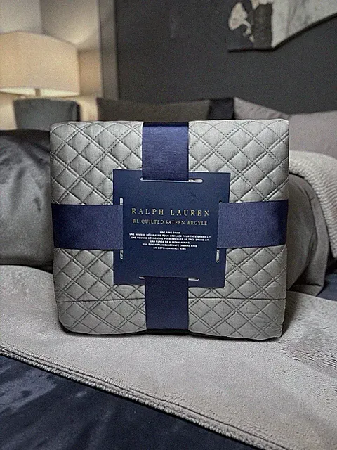 Ralph Lauren RL Quilted Sateen Argyle Gray King Sham Pillow Cover 300 Thread Ct