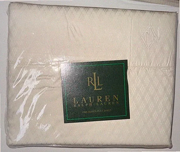 RALPH LAUREN Wiltshire Argyle QUEEN FLAT SHEET Off White Monogram NIP 4 AVAILABL
