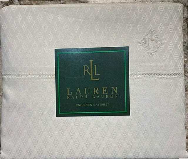RARE RALPH LAUREN Queen Flat Sheet WILTSHIRE ARGYLE OFF WHITE EMBROIDERED LOGO