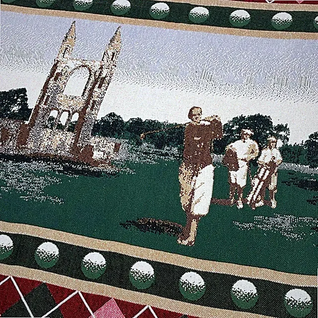 Vintage Golf Scenic Woven Tapestry Throw Blanket Argyle Fringe 48x72 Green Red
