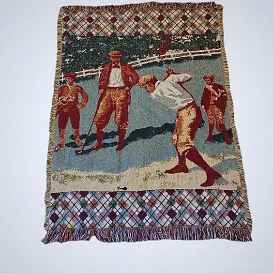 Vintage Golf Theme Pattern Argyle Woven Tapestry Fringe Throw Blanket 45”x60”