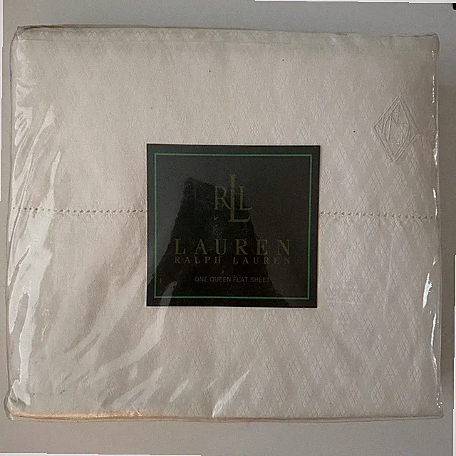 Vtg RALPH LAUREN Queen Flat Sheet WILTSHIRE ARGYLE OFF WHITE Embroidered Logo