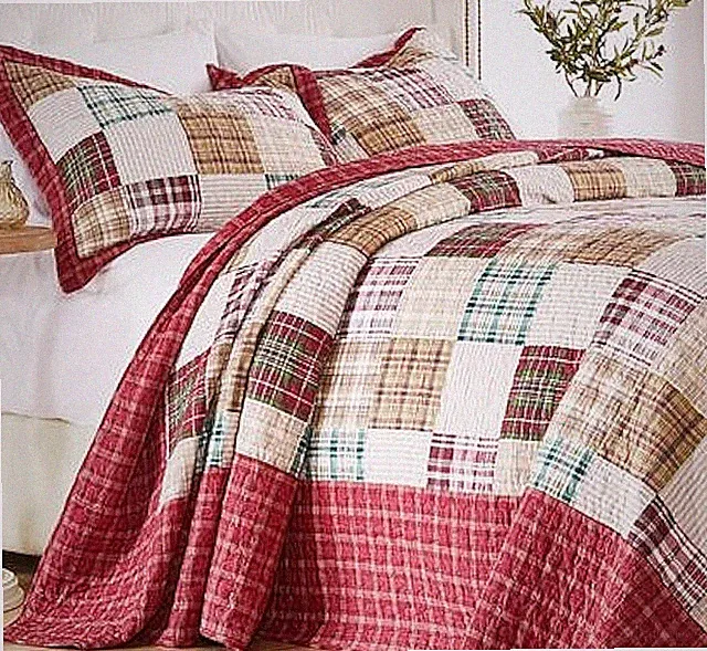 XXL COUNTRY RED 3pc King / Cal BEDSPREAD SET : FARMHOUSE OXFORD PLAID CHRISTMAS